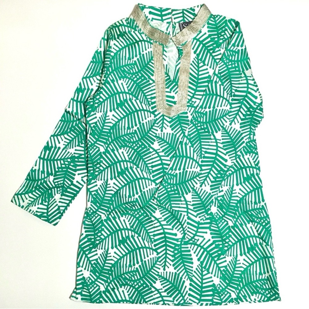 Sail to Sable STS Tunic Dress Mini Shift Luxe Leaves Green White Metallic Gold 8